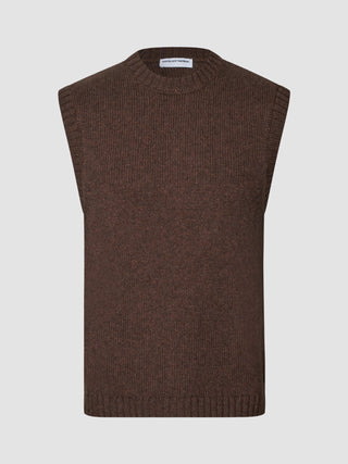 Chunky Soft Wool Knit Vest Saddle Brown Melange