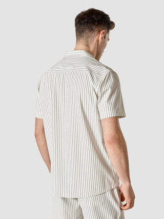 Tech Linen Bowling Short Sleeve Shirt Navy Pinstripe