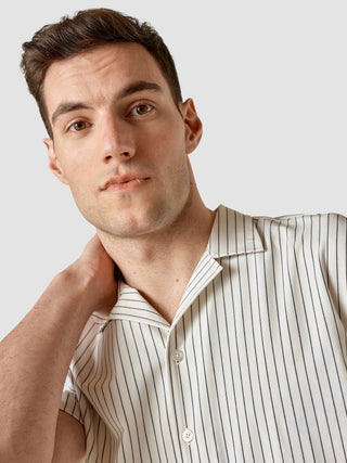 Tech Linen Bowling Short Sleeve Shirt Navy Pinstripe