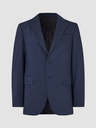 Tech Wool Suit Navy – enkelknäppt kavaj i marinblått med en ren, skandinavisk design.