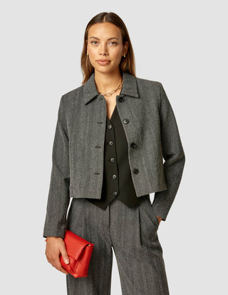 Serene Set Grey Herringbone Short Jacket & Wide Pants
