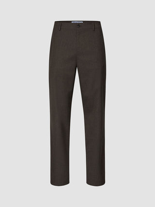 Atelier-byxor i avslappnad passform, mörkbruna, i bruten twill med knäppning och bälteshällor.