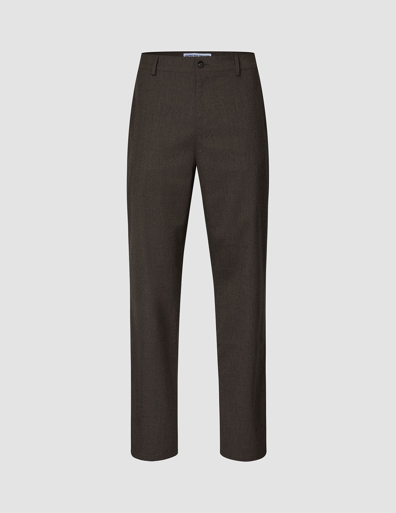 Atelier-byxor i avslappnad passform, mörkbruna, i bruten twill med knäppning och bälteshällor.