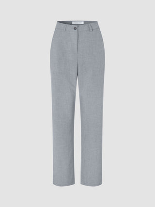Women Ease-byxor, raka, i stålfärgad melange, i minimalistisk skandinavisk design med knappstängning och bälteshällor.