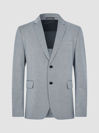 Essential Blazer Regular Ash Twill, en grå kavaj med två knappar i tekniskt tyg med skandinavisk design.