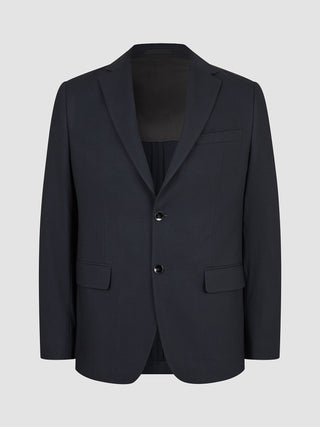 Motion Blazer Regular Midnight Blue – mörkblå blazer med 360°-stretch, skårad krage, två knappar och tre fickor.
