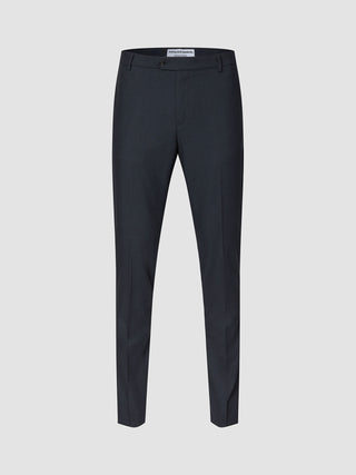 Motion Suit-byxor, Slim, Midnight Blue: mörkblå byxor i smal passform med 360°-stretch, knäppning och pressveck framtill.