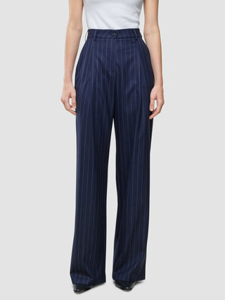 En person som bär dambyxorna ”Raina Pants Wide Night Sky Pinstripe” tillsammans med en vit topp.