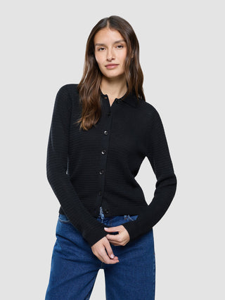 Women Structured Polo Long Sleeve Black