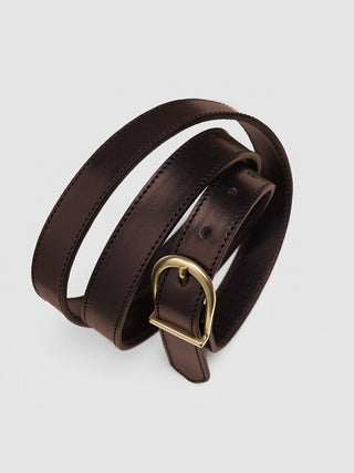 Women Thin Leather Belt Gold Dark Brown