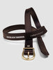 Women Thin Leather Belt Gold Dark Brown