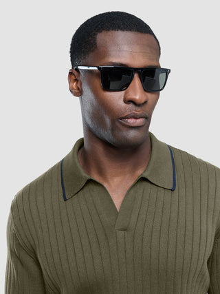 V-Neck Knit Short Sleeve Polo Green Night