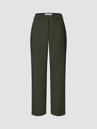 GO2-byxor för damer, modell Straight Dusty Olive, i olivgrönt, med rakt ben, knäppning framtill och bälteshällor.