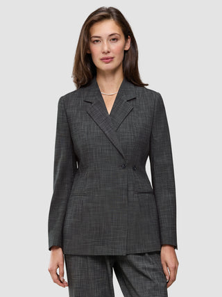 Damblazer Nara – figursydd, svart rutig, i dubbelknäppt modell med mikrorutor, skårade kragar och 360°-stretch.