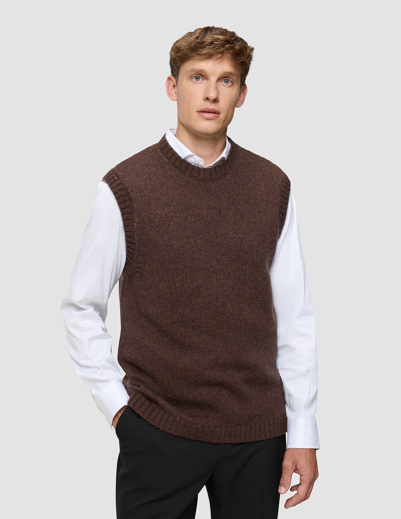 Chunky Soft Wool Knit Vest Saddle Brown Melange