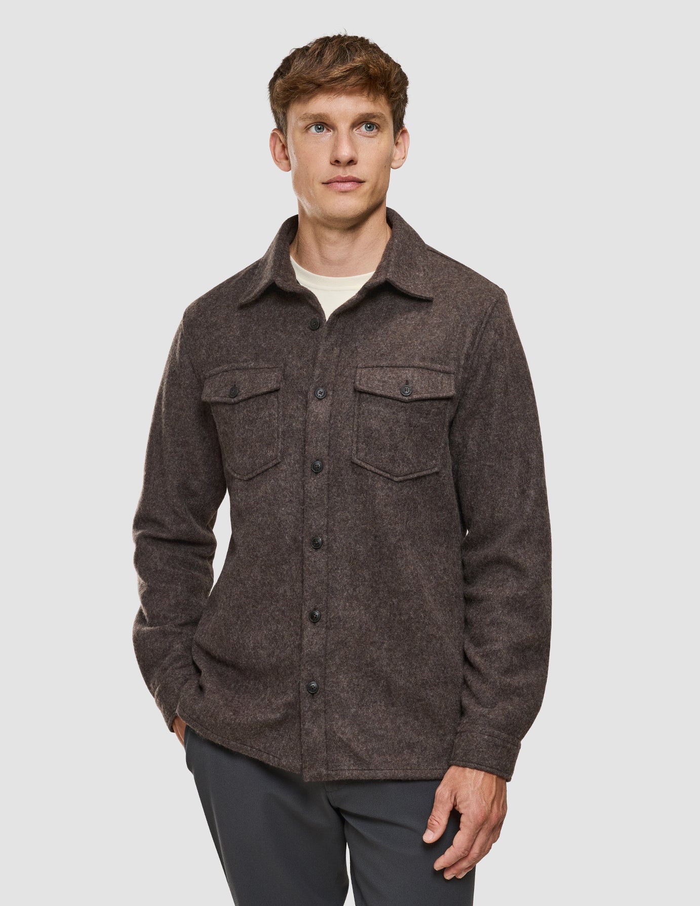 Double Layer Wool Overshirt Saddle Brown