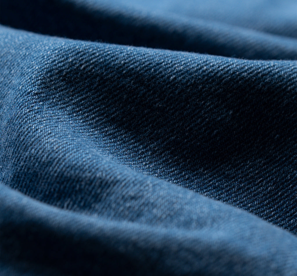 Närbild på ett vikt stycke blått denimtyg.