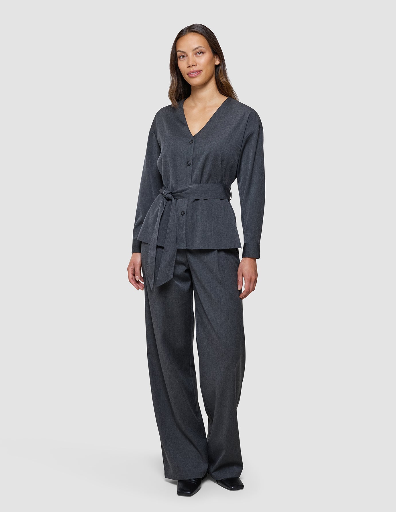 Skye Set Charcoal Melange Belted Overshirt & Wide Pants