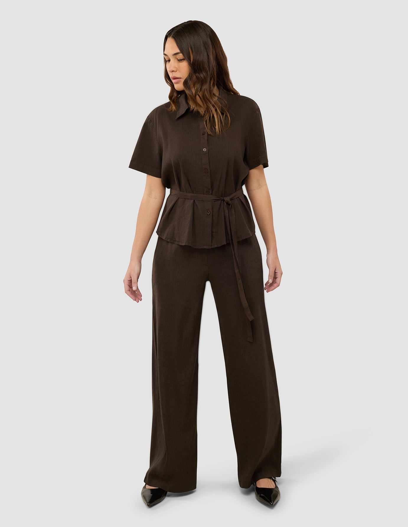 Linen Set Espresso Short Sleeved Shirt & Relaxed Pants