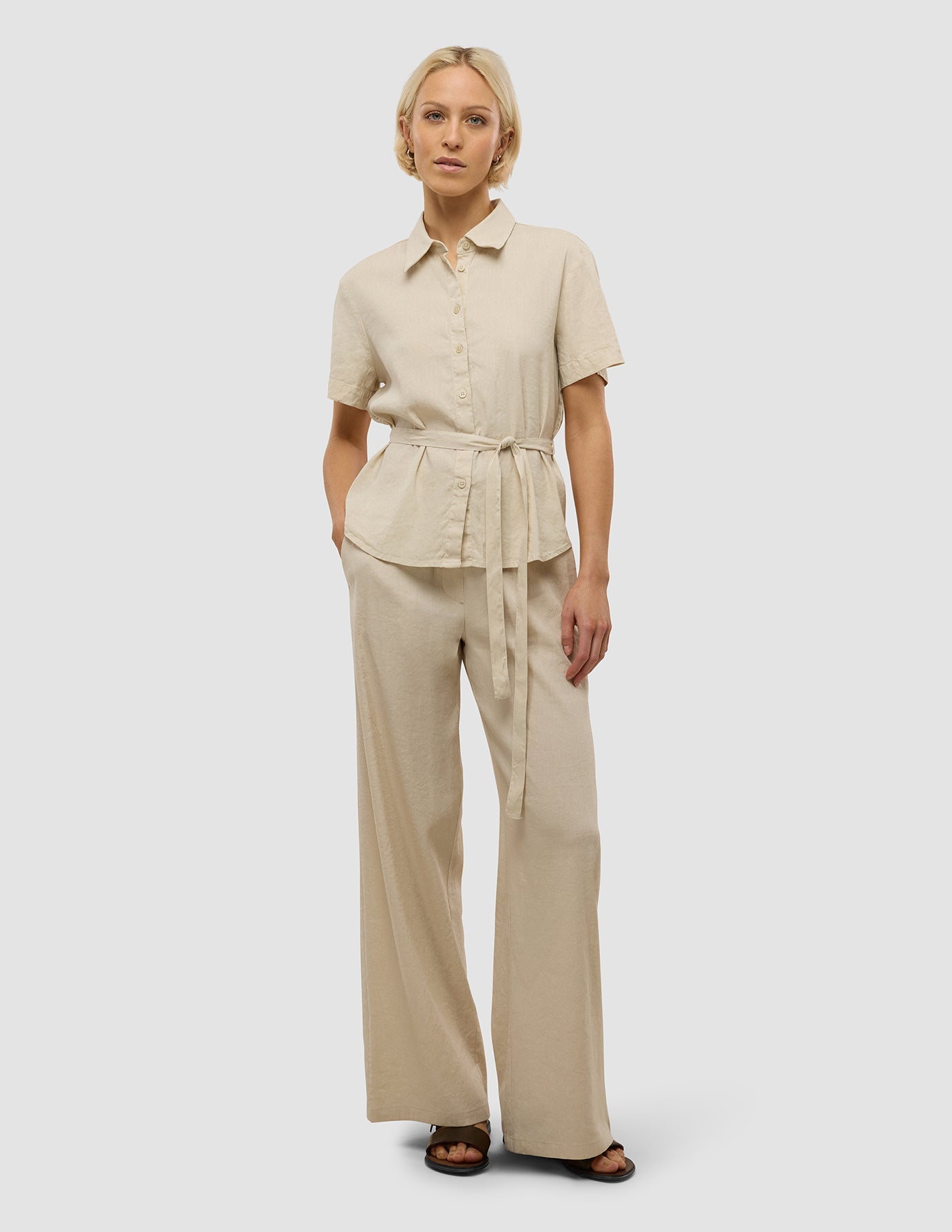 Linen Set Sandy Beige Short Sleeved Shirt & Relaxed Pants