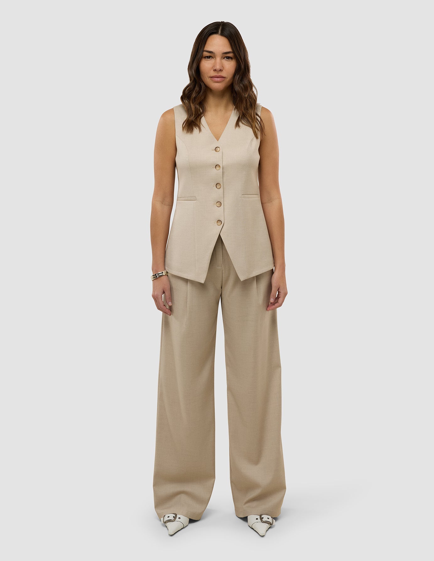Skye Set Sandy Beige Melange Vest & Wide Pants