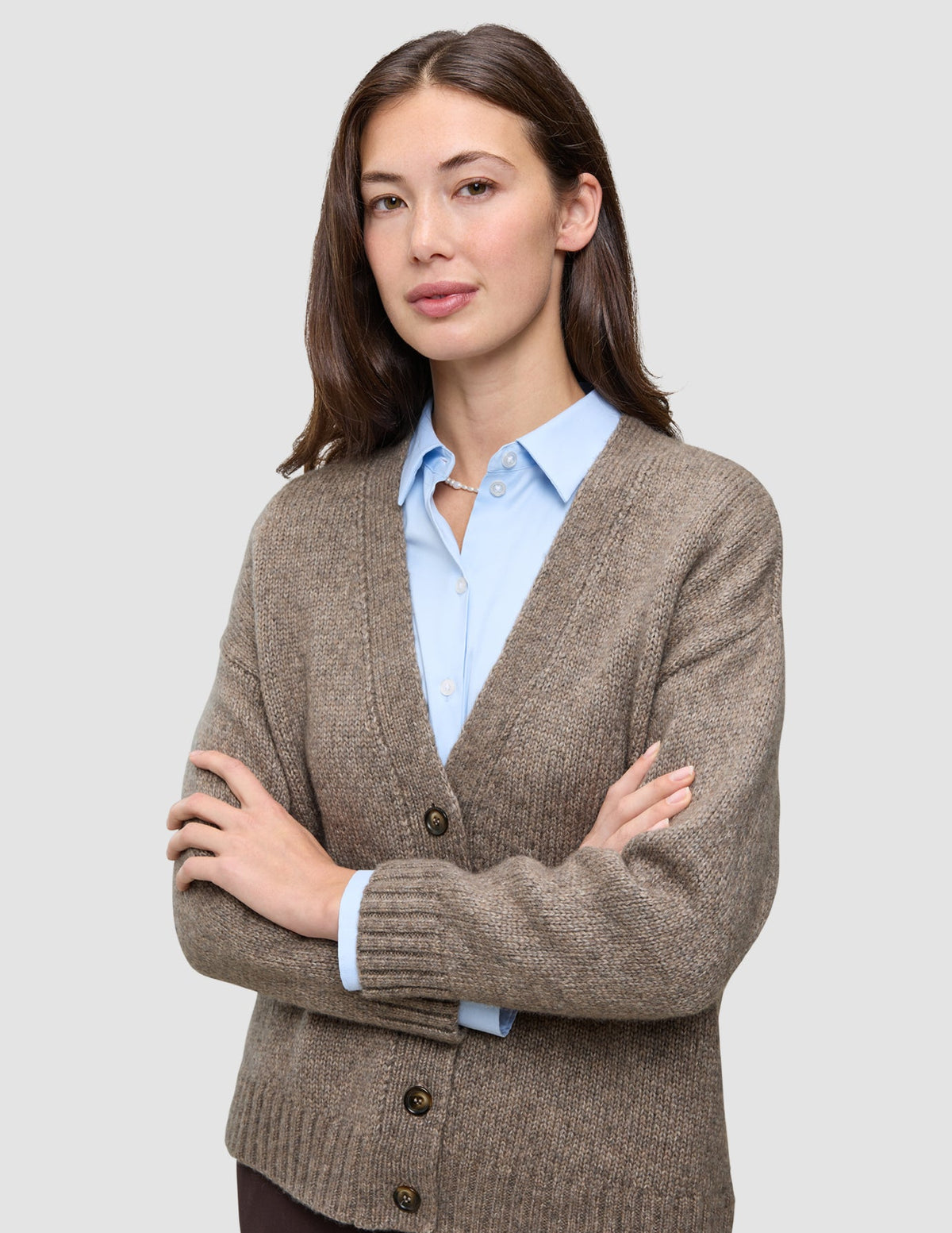 Women's Chunky Soft Wool Knit Cardigan Taupe Melange