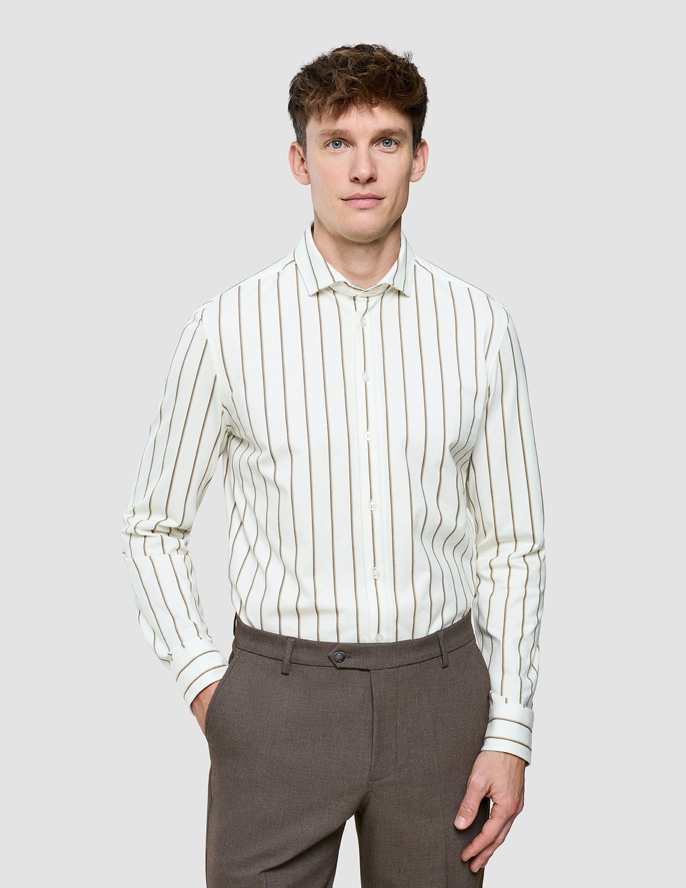 Classic Shirt Sand Herringbone Stripes Regular