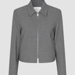 Essential Short Zip Jacket Dark Grey Melange: en mörkgrå, minimalistisk jacka med krage och dragkedja i full längd.
