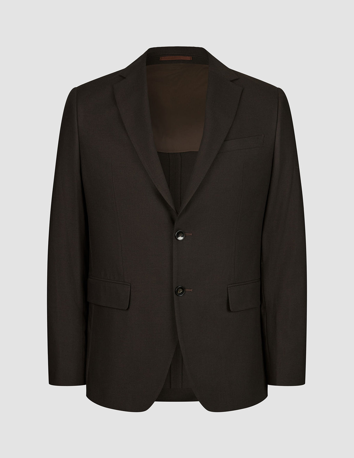 Motion Blazer Slim Cognac: en mörkbrun blazer med 360°-stretch, skårade slag och två knappar framtill.