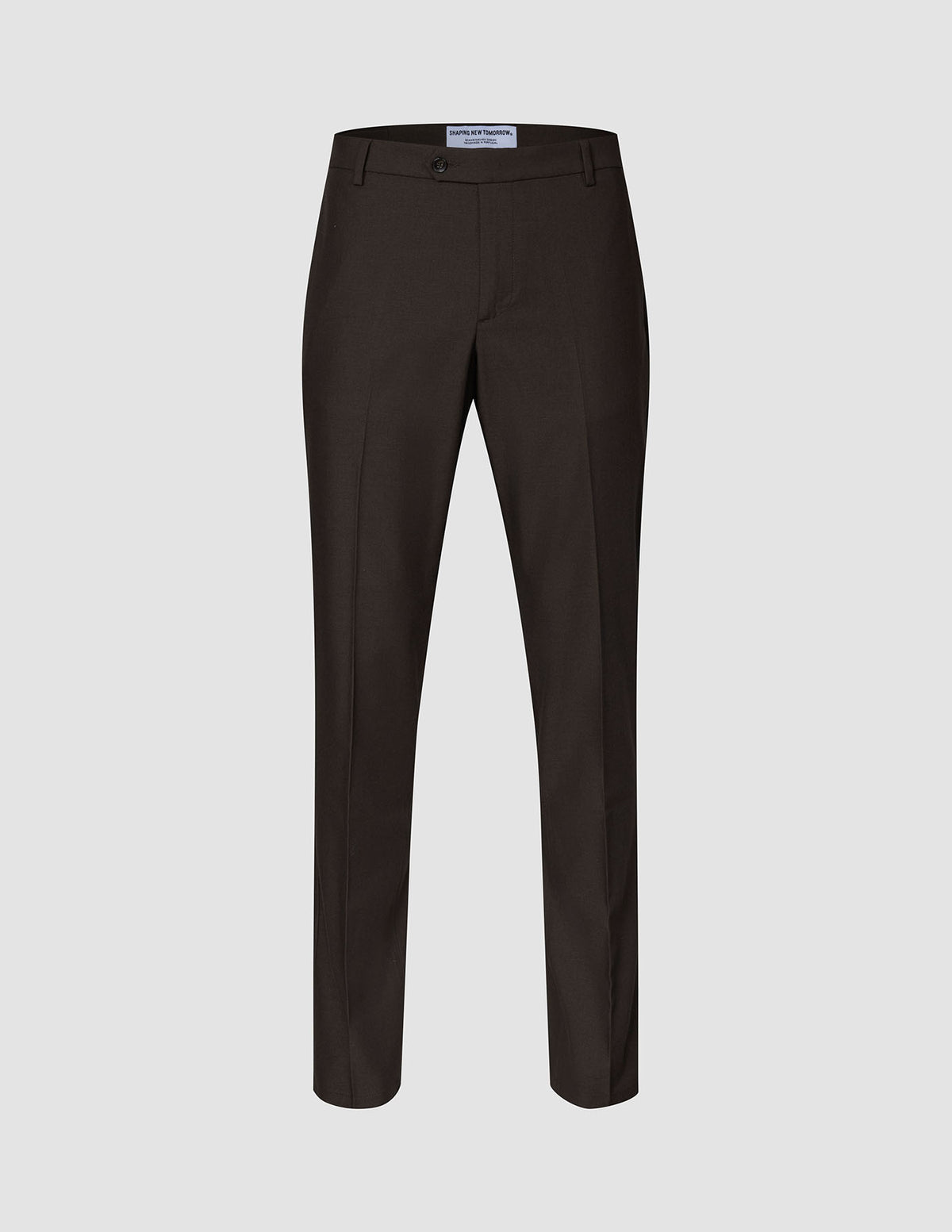 Mörkbruna Motion Suit-byxor i modell Regular Cognac, tillverkade i ett 360°-stretchtyg med knappstängning och pressveck framtill.