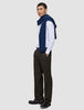 En man bär en vit skjorta med tunna ränder, en blå tröja och byxor av modellen Motion Suit Pants Relaxed Cognac med 360°-stretch.