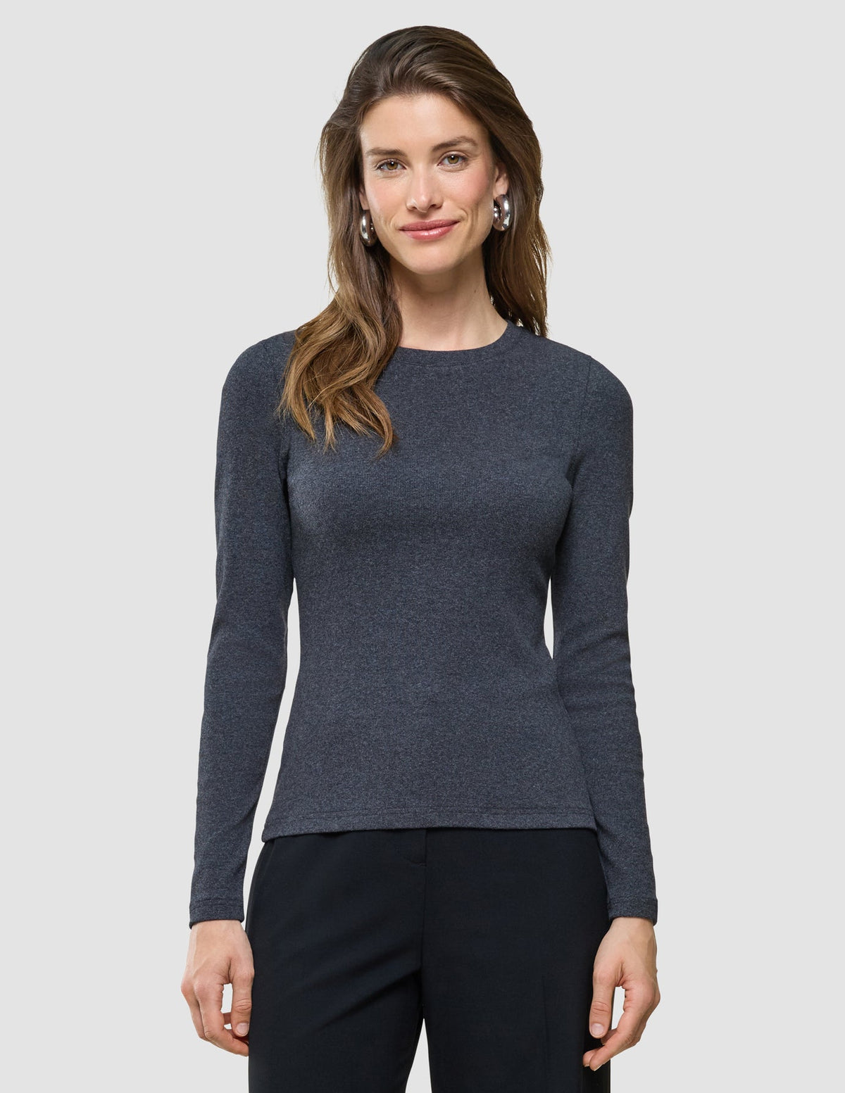 Women Rib T-shirt Long Sleeve Dark Grey Melange
