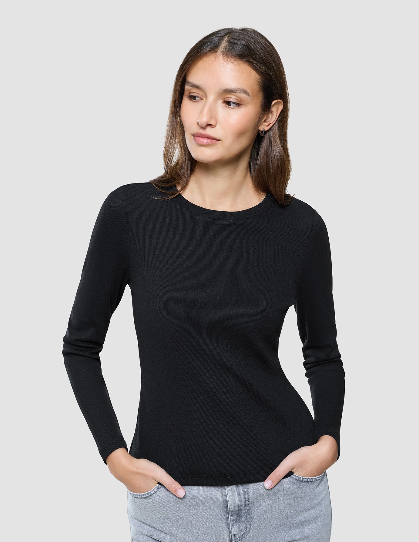 Women Rib T-Shirt Long Sleeve Black