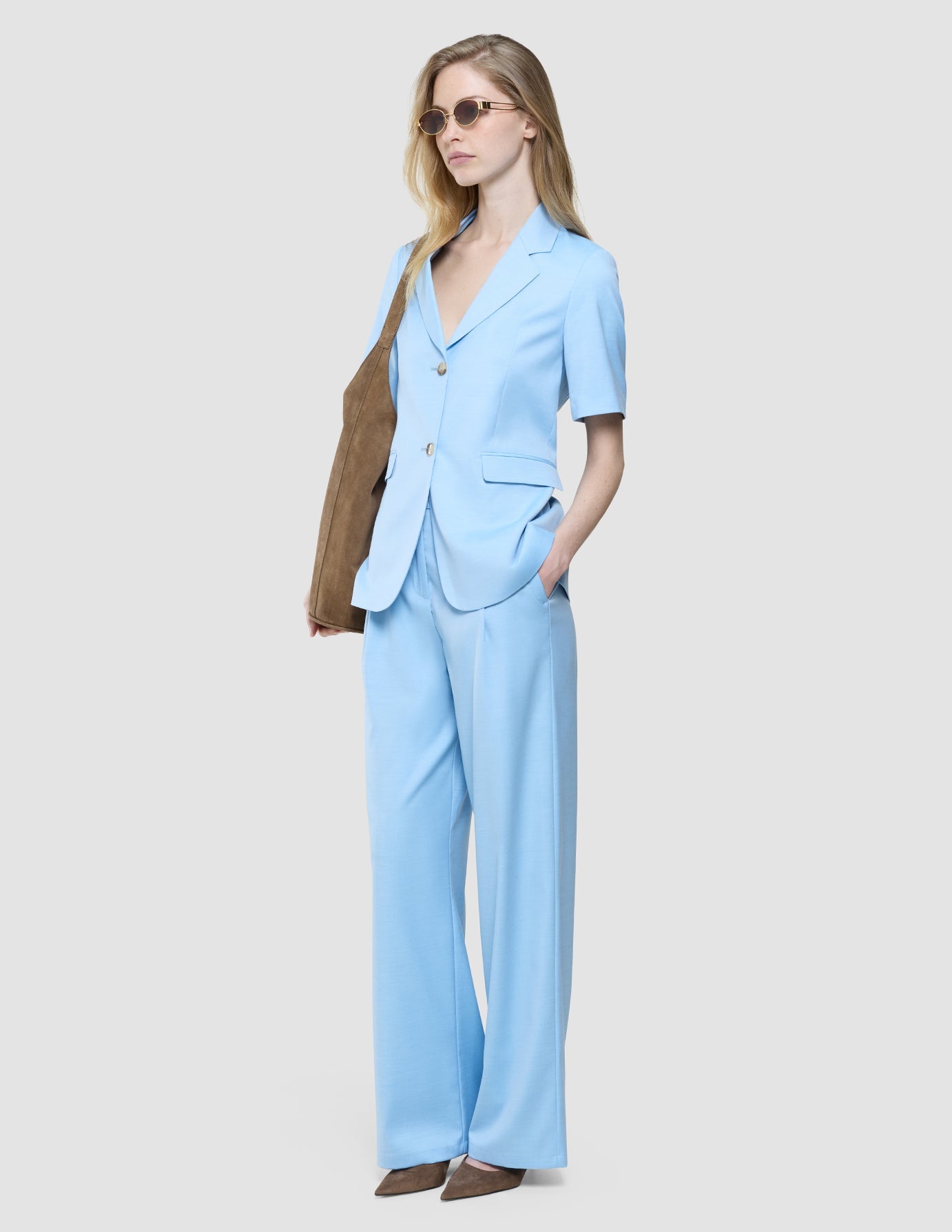 skye set blue haze short sleeved blazer wide pants