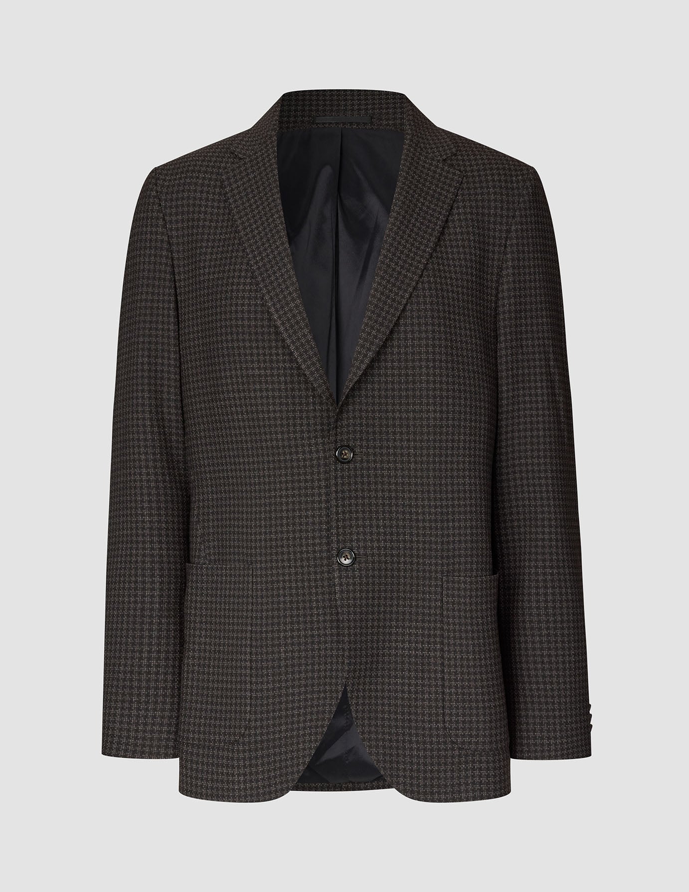 Tidlös, smal mörkbrun rutig ullkavaj: mörkbrun kavaj i ullblandning med två knappar, rutmönster och svart foder.