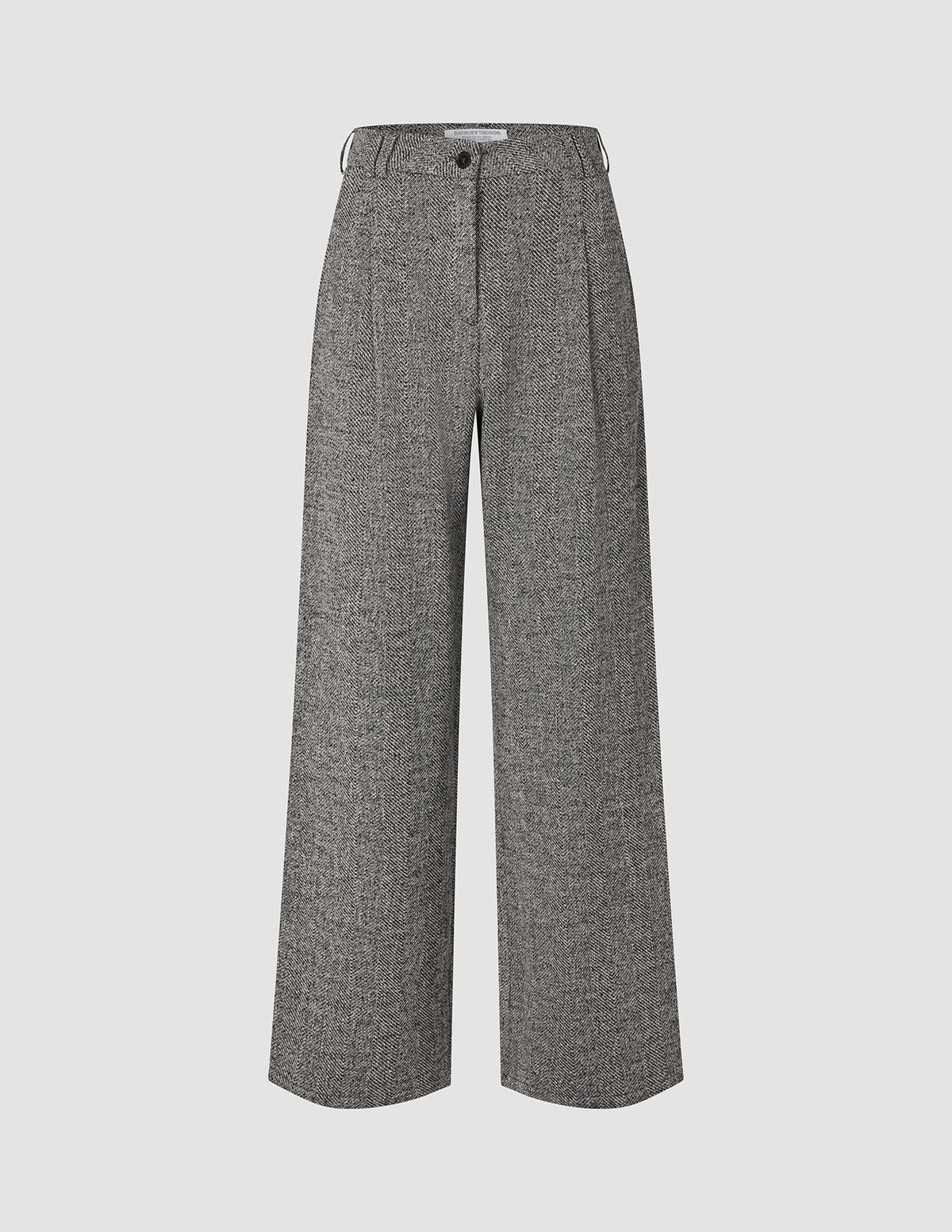 Dambyxor Ashryn Wide Domino Herringbone: byxor med hög midja och vida ben i ett svartvitt fiskbensmönster.