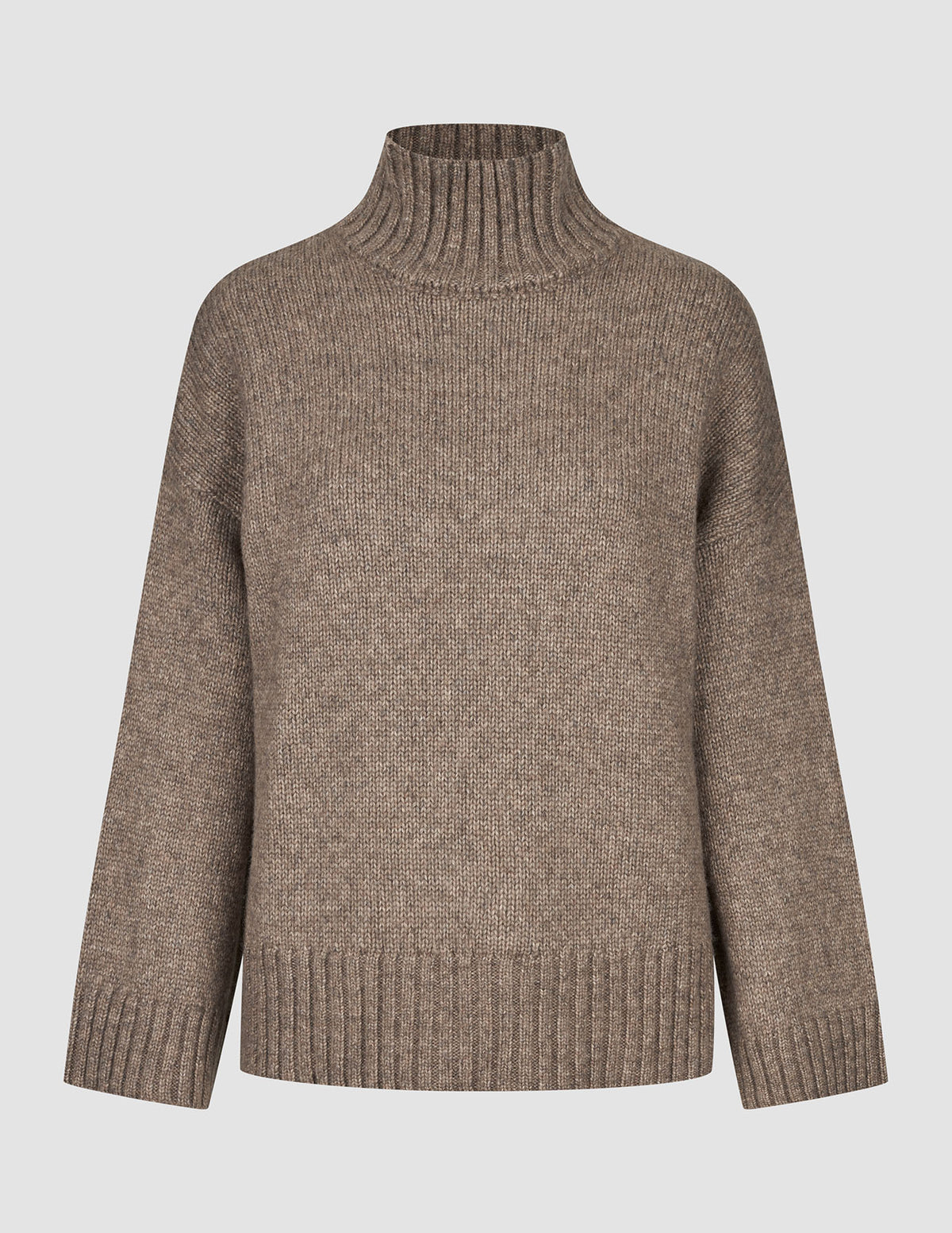 Damtröja i tjock, mjuk ull med hög hals, i färgen taupe melange, med ribbad krage och nederkant.