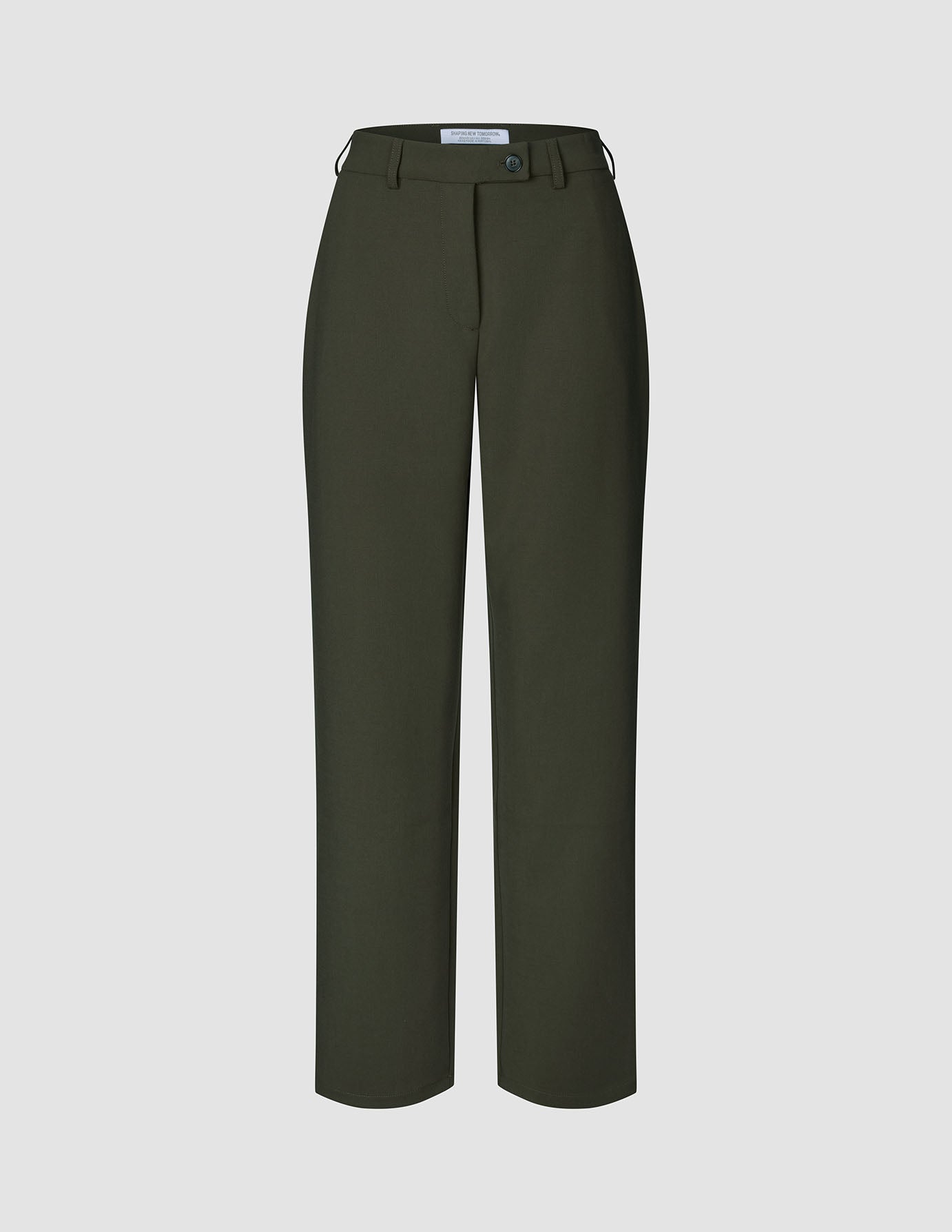 GO2-byxor för damer, modell Straight Dusty Olive, i olivgrönt, med rakt ben, knäppning framtill och bälteshällor.