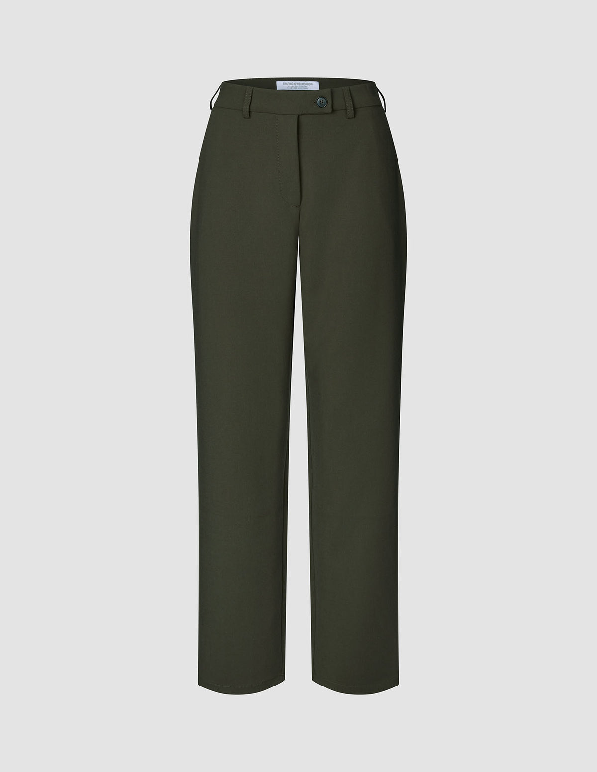 GO2-byxor för damer, modell Straight Dusty Olive, i olivgrönt, med rakt ben, knäppning framtill och bälteshällor.