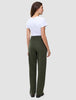 En kvinna sedd bakifrån, klädd i en vit t-shirt och raka byxor av modellen Women GO2 Pants Straight i färgen Dusty Olive.
