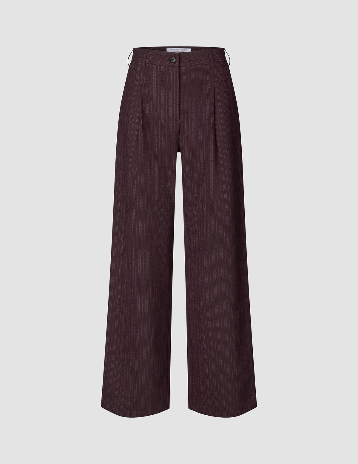 Dambyxor Serene Wide Berry Pinstripe: byxor med vida ben i mörkt bärfärgat finränder, hög midja och veckdetaljer.