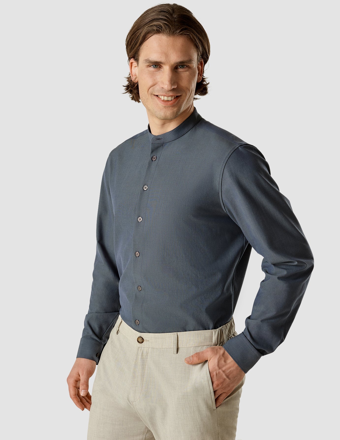 Tech Linen Mandarin Long Sleeve Shirt Navy